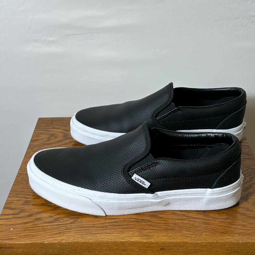 VANS Classic Slip-On Shoes Black Perforated Leather Women's Size 8 - Picture 3 of 6